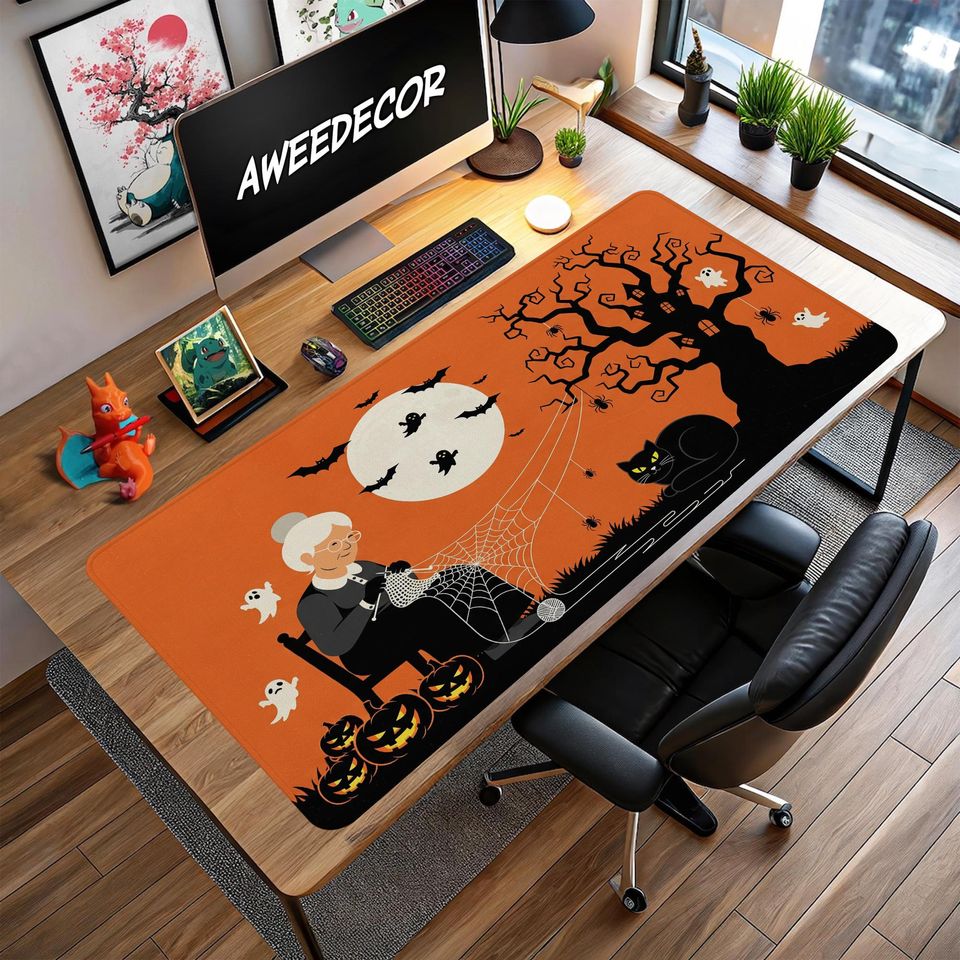 Spooky Halloween Desk Mat: Witch Cat, Pumpkin & Ghost Office Decor