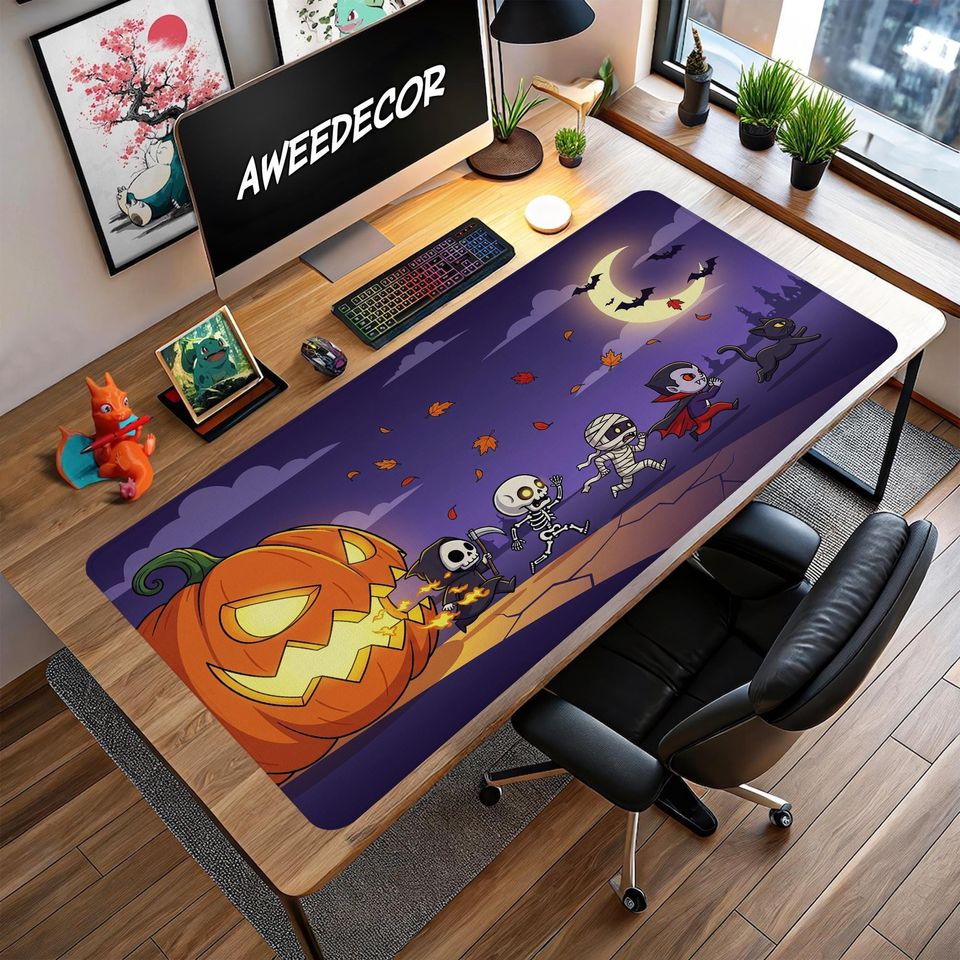 Halloween Desk Mat: Spooky Pumpkin, Skeleton & Vampire - Gothic Office Decor