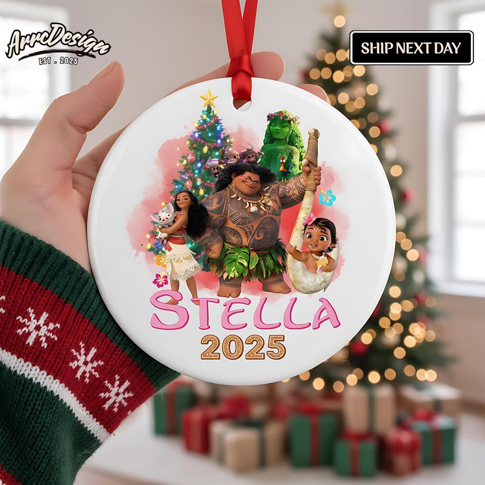 Personalized Moana Christmas Ceramic Ornament: Glossy White with Custom Name & Year