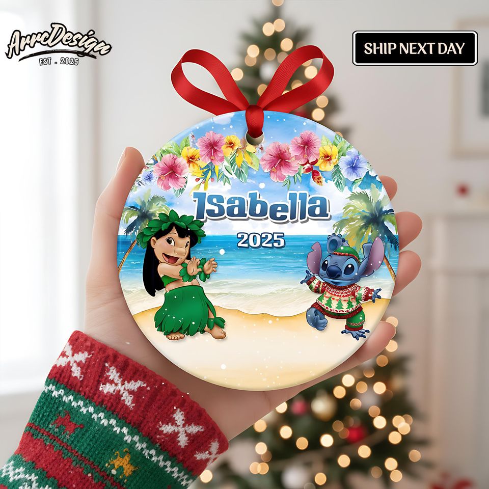 Personalized Lilo & Stitch Ceramic Ornament: Hawaiian Christmas Gift