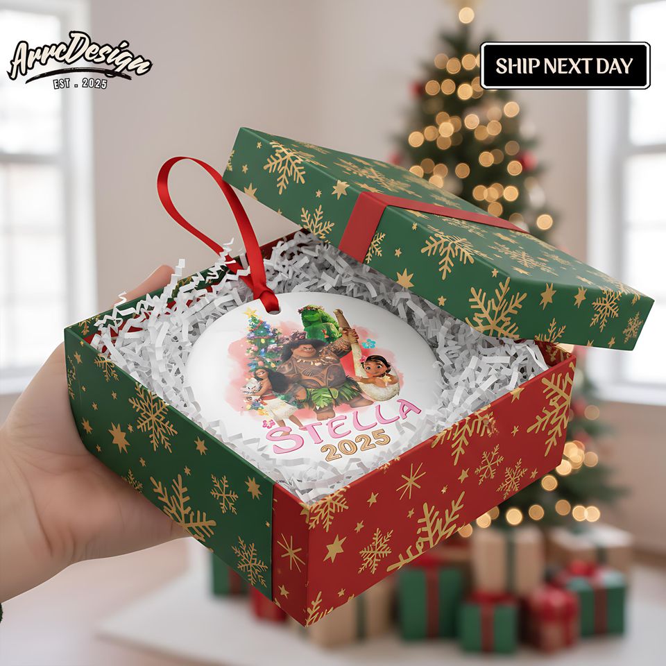 Personalized Moana Christmas Ceramic Ornament: Glossy White with Custom Name & Year