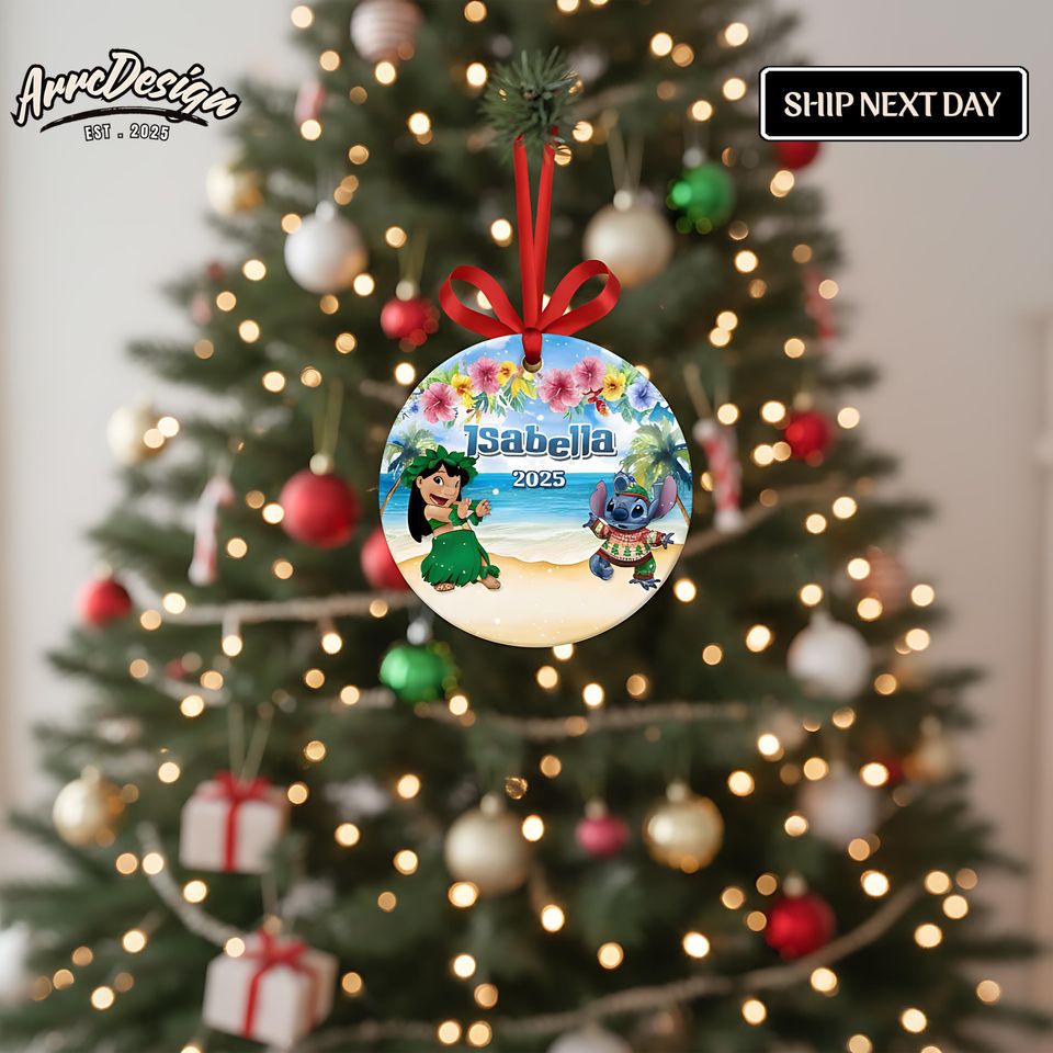 Personalized Lilo & Stitch Ceramic Ornament: Hawaiian Christmas Gift