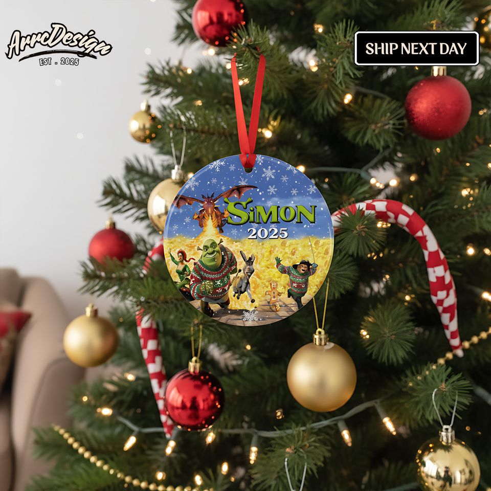 Personalized Shrek Theme Circle Ceramic Ornament: Glossy Finish Holiday Decor