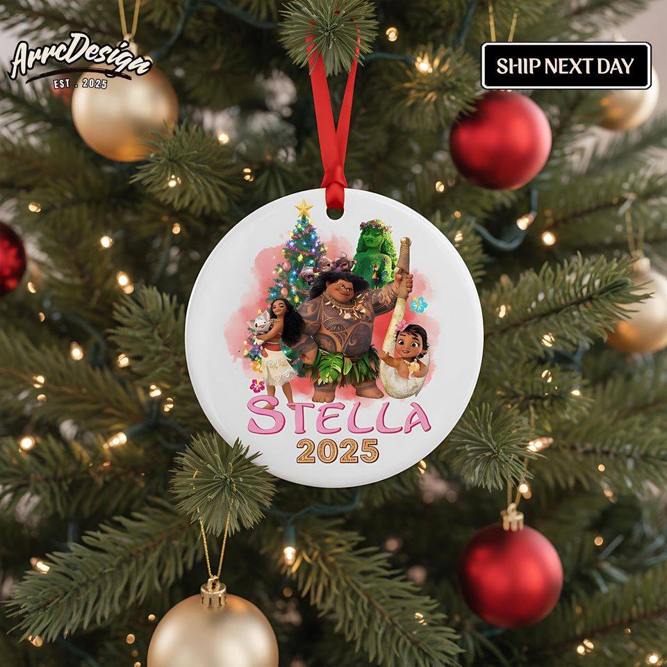 Personalized Moana Christmas Ceramic Ornament: Glossy White with Custom Name & Year