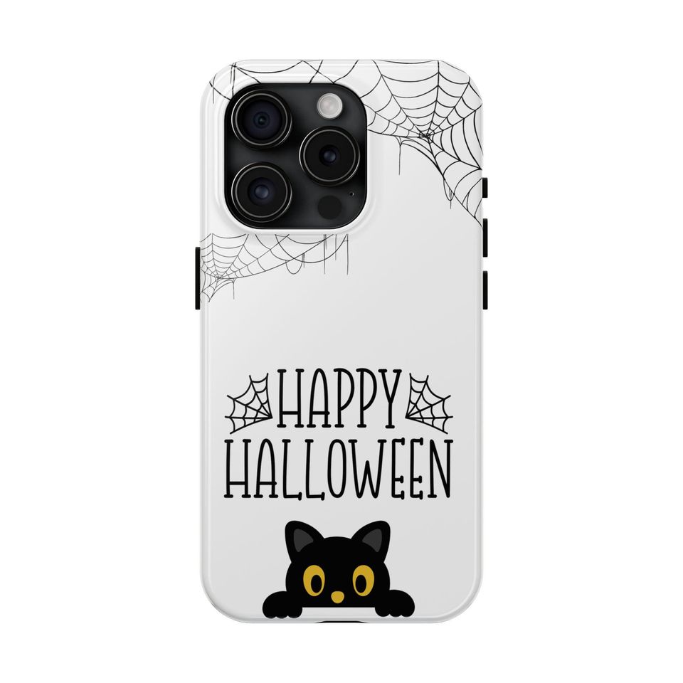 Halloween Black Cat Phone Case: Spooky Spiderweb Design