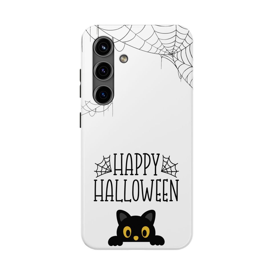 Halloween Black Cat Phone Case: Spooky Spiderweb Design