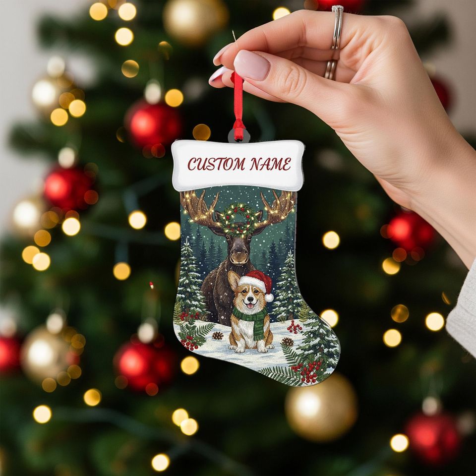 Personalized Christmas Stocking Ornament: Moose and Corgi in Snowy Forest with Custom Name