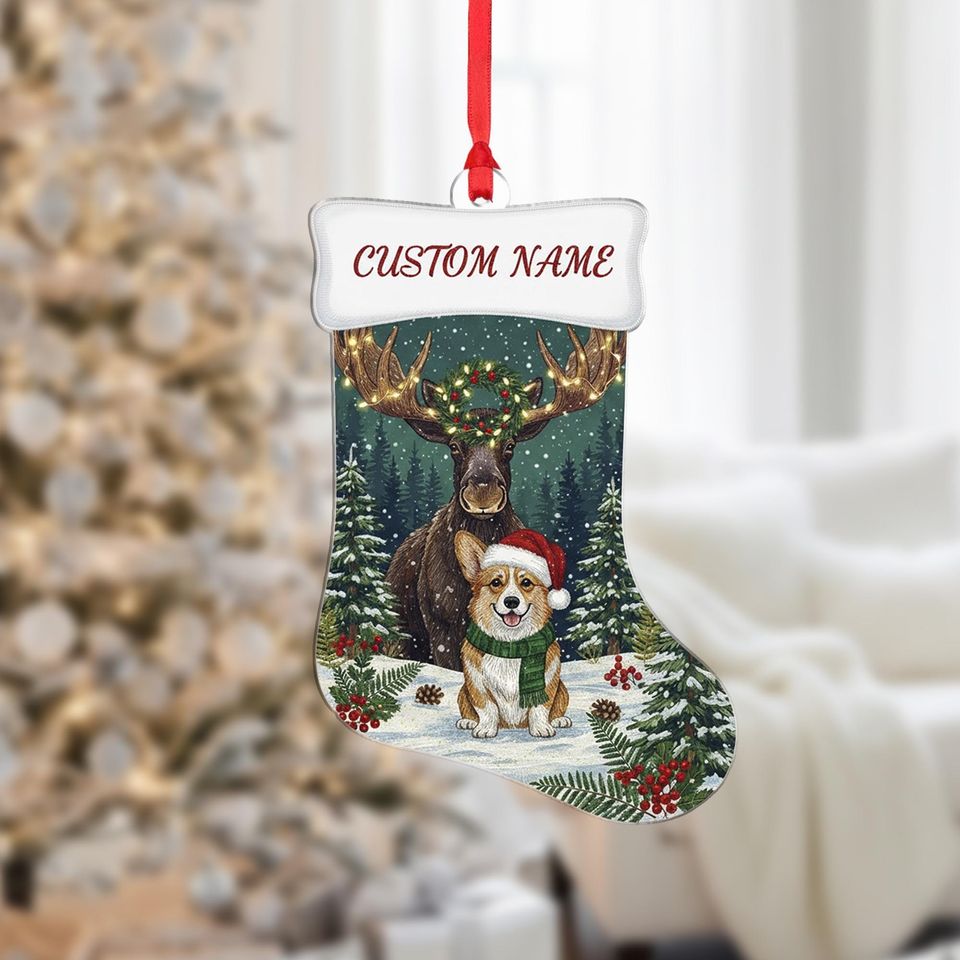 Personalized Christmas Stocking Ornament: Moose and Corgi in Snowy Forest with Custom Name