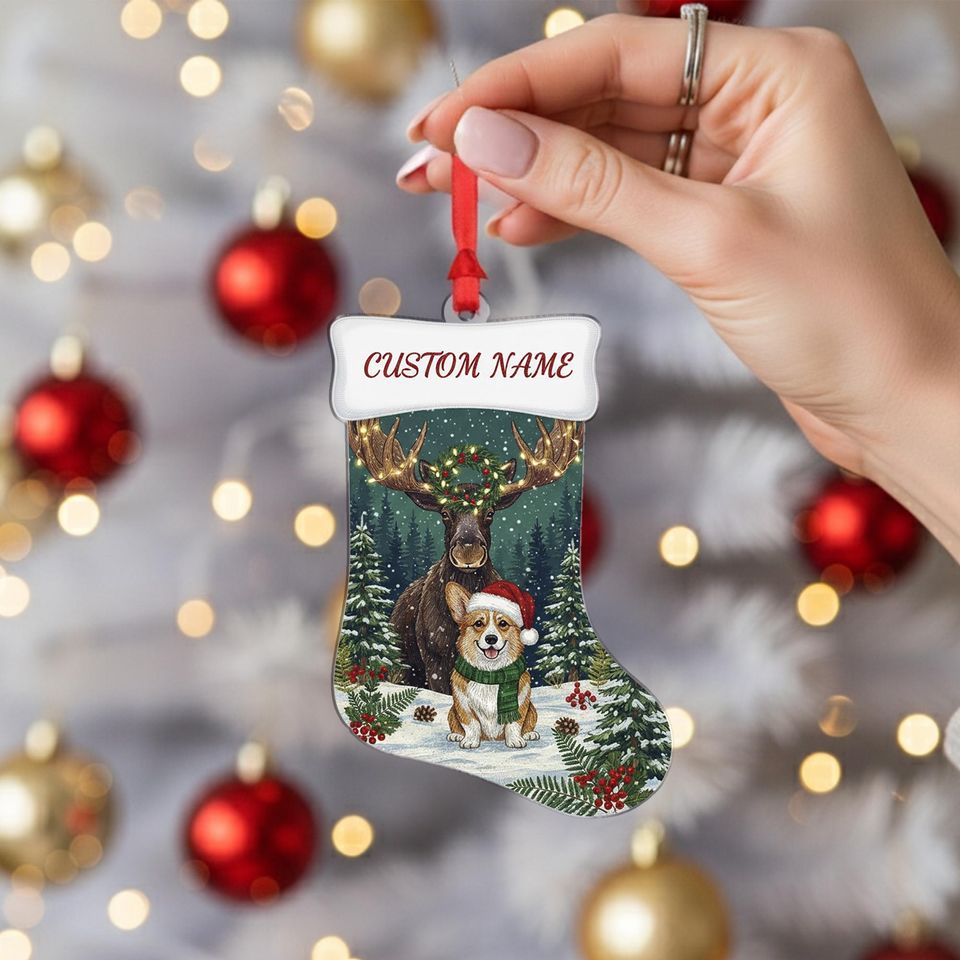 Personalized Christmas Stocking Ornament: Moose and Corgi in Snowy Forest with Custom Name