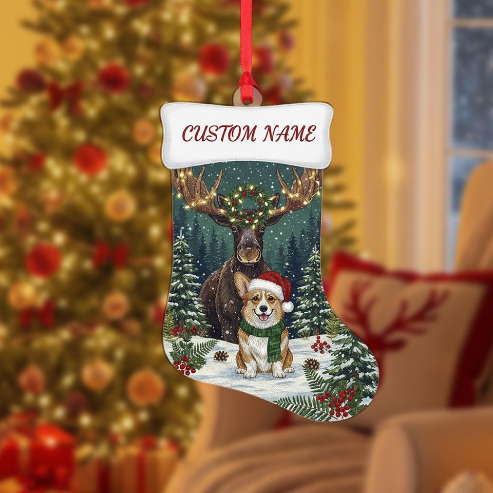 Personalized Christmas Stocking Ornament: Moose and Corgi in Snowy Forest with Custom Name