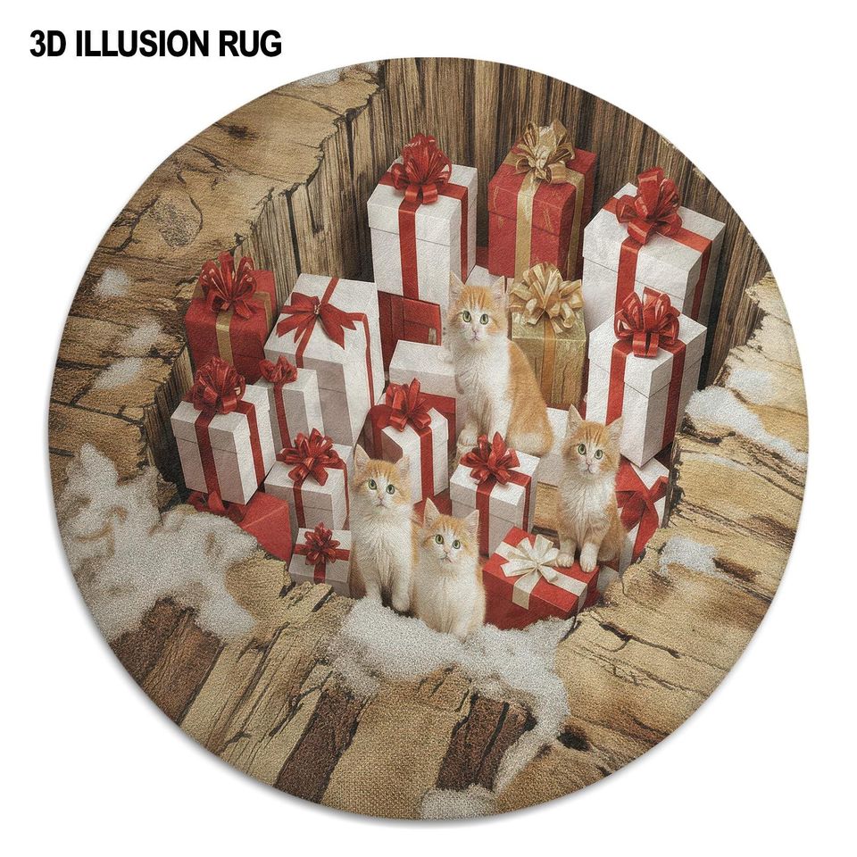Cat Gift Box 3D Illusion Rug, Cute Kitten Christmas Carpe