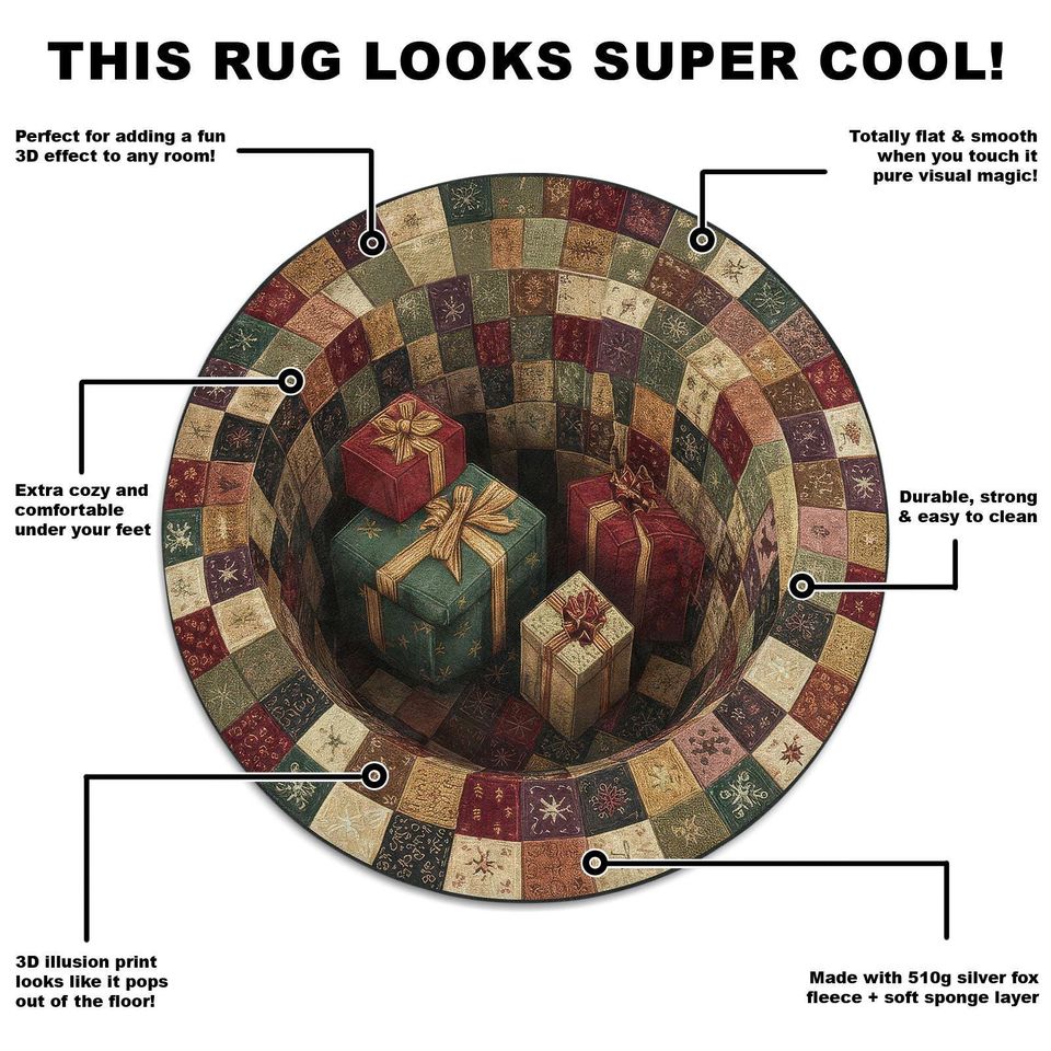 3D Illusion Christmas Gift Rug, Red Green Presents Hole Carpet, Patchwork Holiday Round Floor Mat, Quilted Style Festive Home Decor,