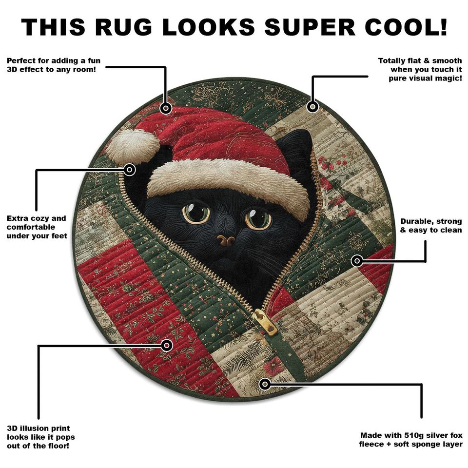 Black Cat Christmas 3D Illusion Rug, Cozy Quilt Style Round Carpet, Santa Hat Cat Rug, Festive Holiday Decor Mat, Unique Xmas Gift Idea