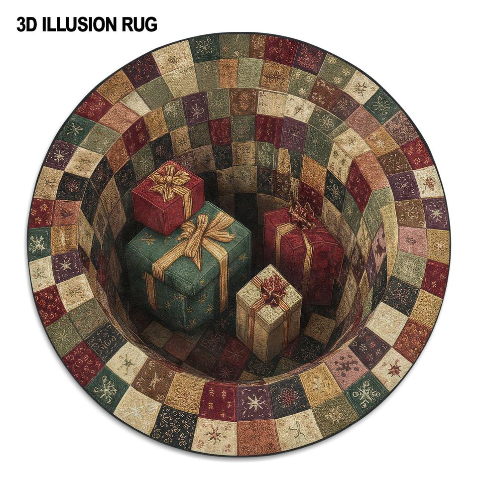 3D Illusion Christmas Gift Rug, Red Green Presents Hole Carpet, Patchwork Holiday Round Floor Mat, Quilted Style Festive Home Decor,