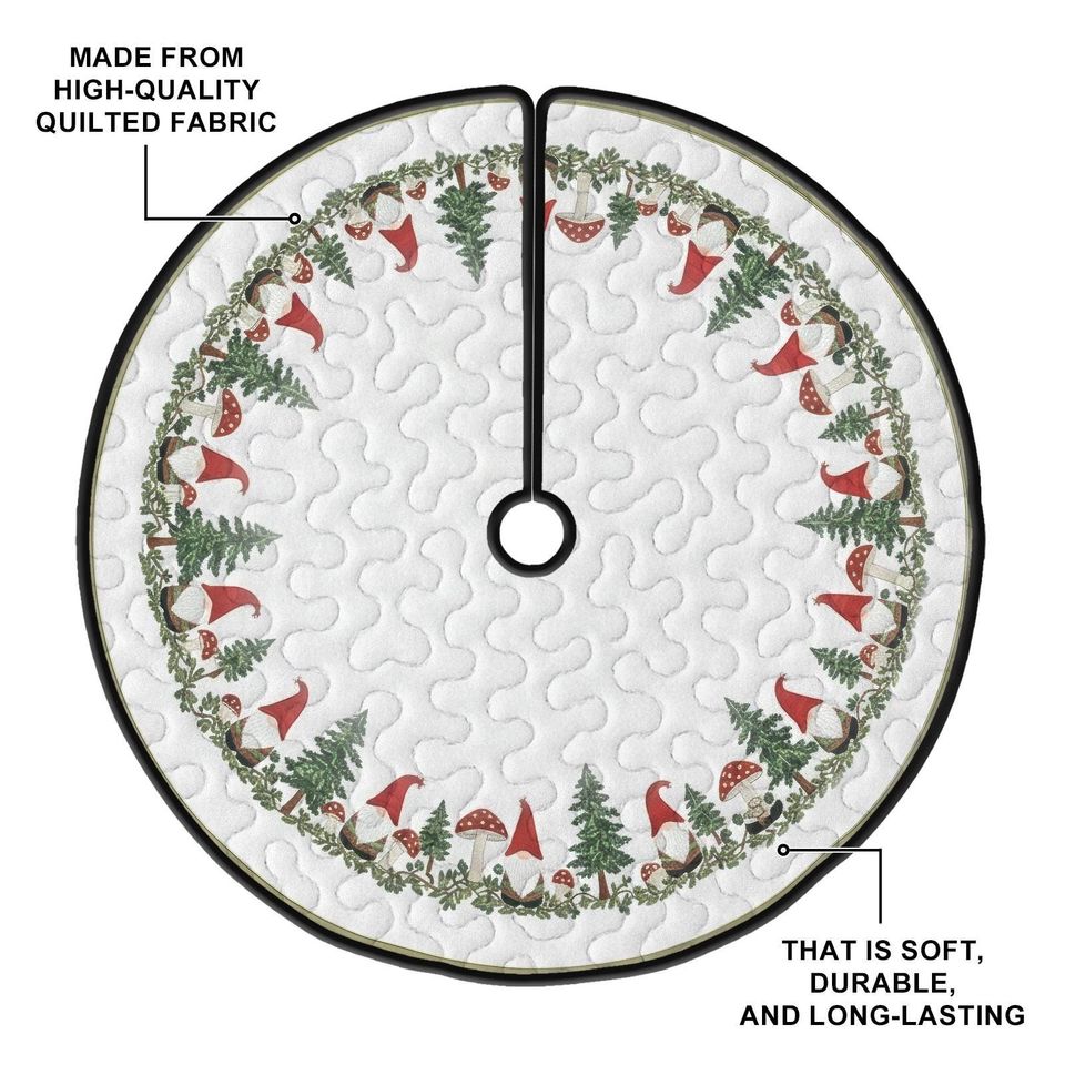 Quilted Forest Gnome Tree Skirt, Charming Mushroom and Pine Tree Pattern, Durable Fabric Rustic Christmas Holiday Home Floor Decor