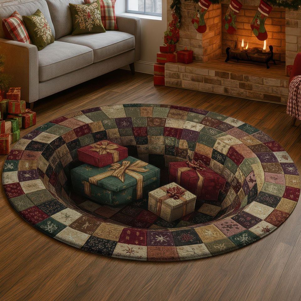 3D Illusion Christmas Gift Rug, Red Green Presents Hole Carpet, Patchwork Holiday Round Floor Mat, Quilted Style Festive Home Decor,