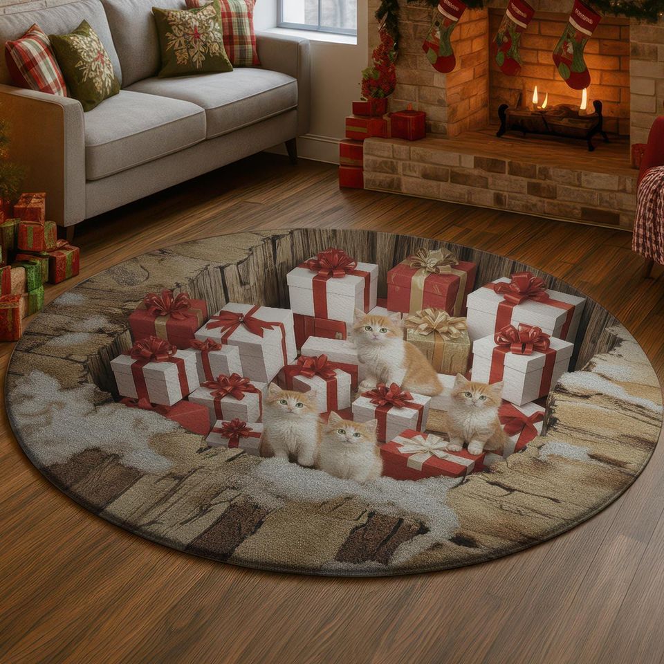 Cat Gift Box 3D Illusion Rug, Cute Kitten Christmas Carpe