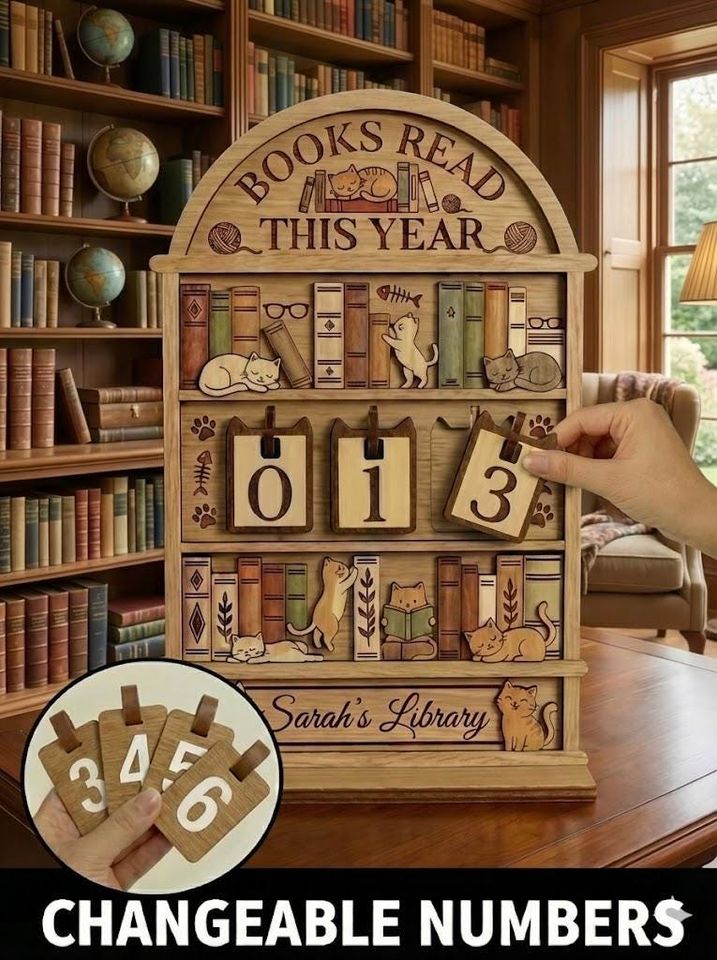 Sleeping Cat on Book Reading Book Tracker  Personalized Wooden Book Counter Shelf for Cozy Library Decor
