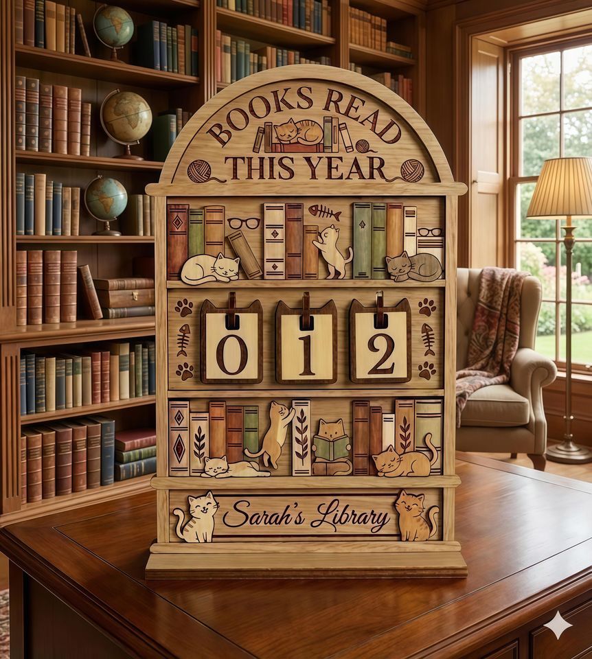 Sleeping Cat on Book Reading Book Tracker  Personalized Wooden Book Counter Shelf for Cozy Library Decor