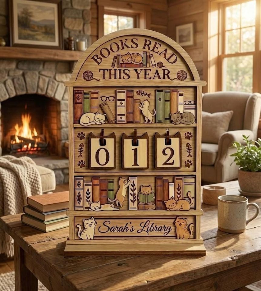 Sleeping Cat on Book Reading Book Tracker  Personalized Wooden Book Counter Shelf for Cozy Library Decor