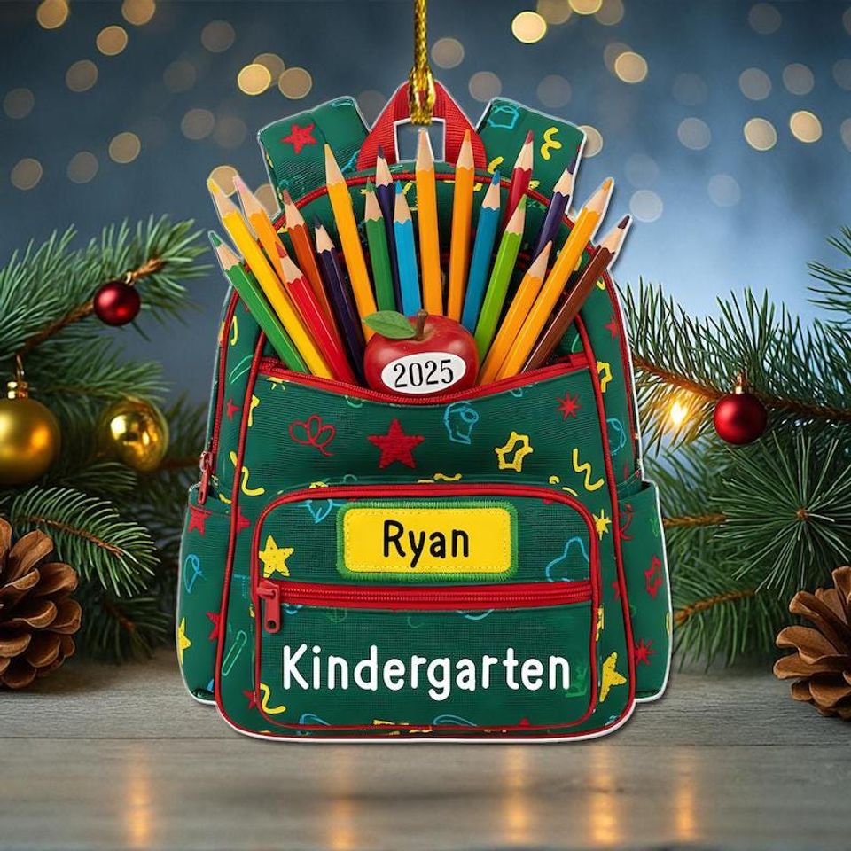Personalized Preschool Backpack Ornament,Custom Teacher or Student Gift,School Supplies Christmas Decoration, Kids Keepsake,2D flat ornament