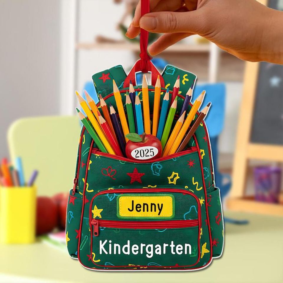 Personalized Preschool Backpack Ornament,Custom Teacher or Student Gift,School Supplies Christmas Decoration, Kids Keepsake,2D flat ornament