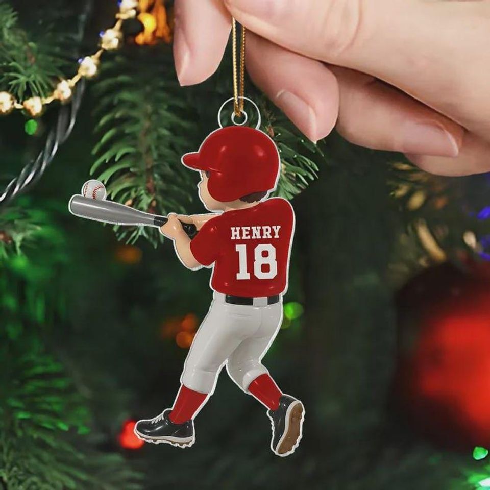 Personalized Baseball Player Ornament, Kid Hitting Ball, 2D Flat Christmas Acrylic Ornament