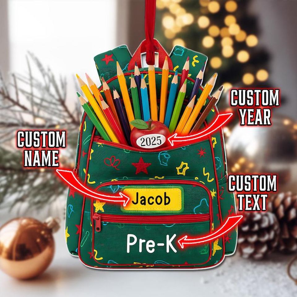 Personalized Preschool Backpack Ornament,Custom Teacher or Student Gift,School Supplies Christmas Decoration, Kids Keepsake,2D flat ornament
