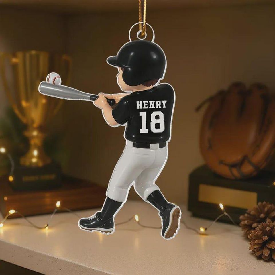 Personalized Baseball Player Ornament, Kid Hitting Ball, 2D Flat Christmas Acrylic Ornament