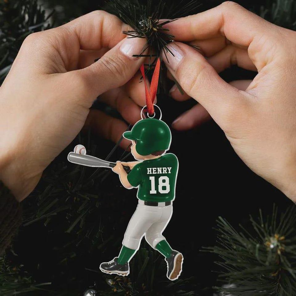 Personalized Baseball Player Ornament, Kid Hitting Ball, 2D Flat Christmas Acrylic Ornament