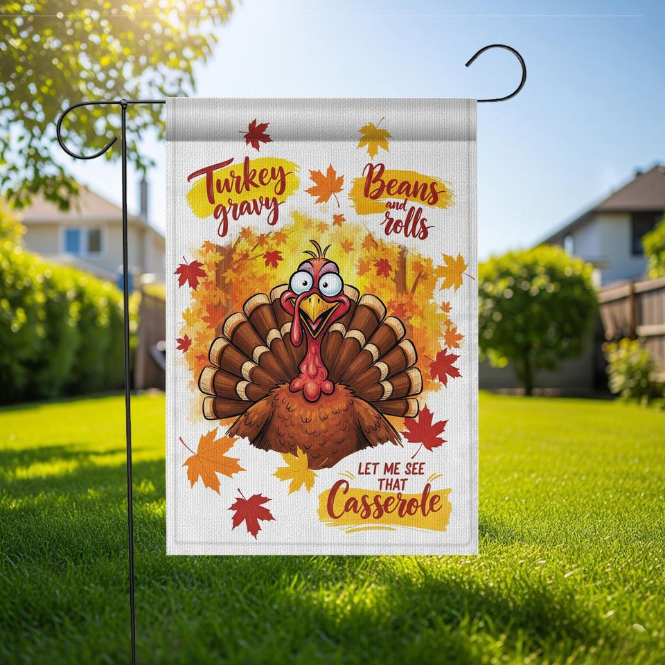 Funny Thanksgiving Garden Flag: Turkey, Gravy, Rolls - Fall Decor