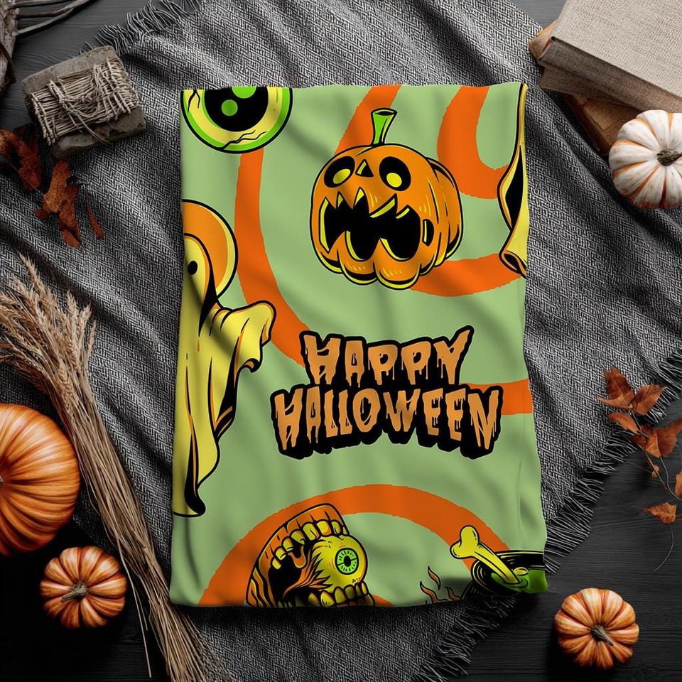 Halloween Blanket  Retro Ghosts & Pumpkins Cozy Fleece Throw
