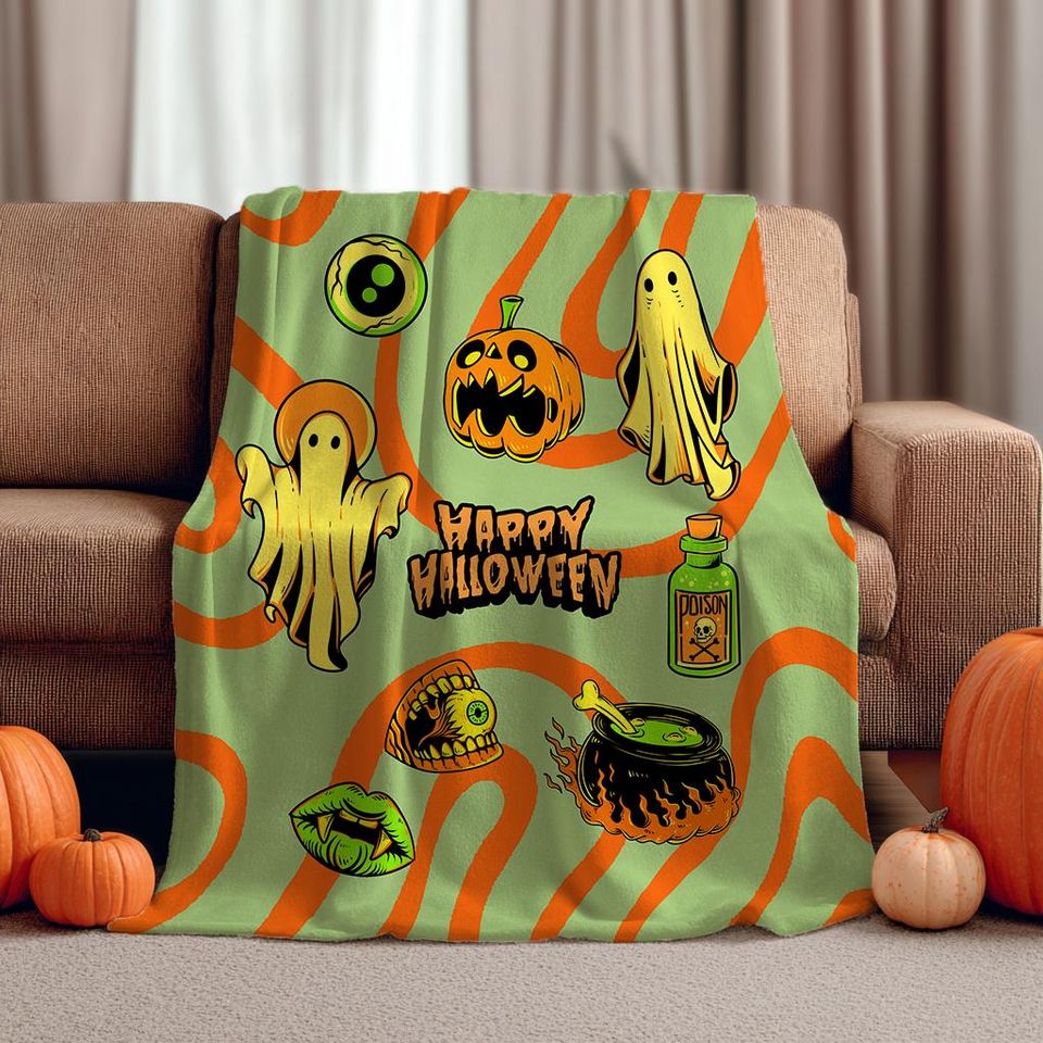 Halloween Blanket  Retro Ghosts & Pumpkins Cozy Fleece Throw