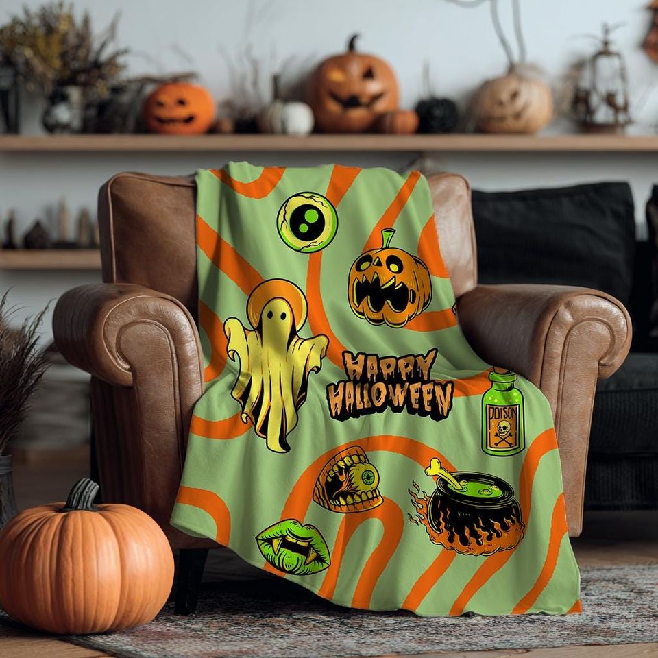 Halloween Blanket  Retro Ghosts & Pumpkins Cozy Fleece Throw