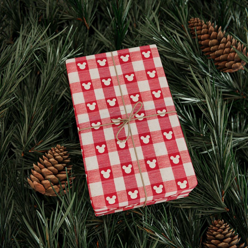 Mickey Christmas Wrapping Paper: Disney Red Gingham Mouse Gift Wrap
