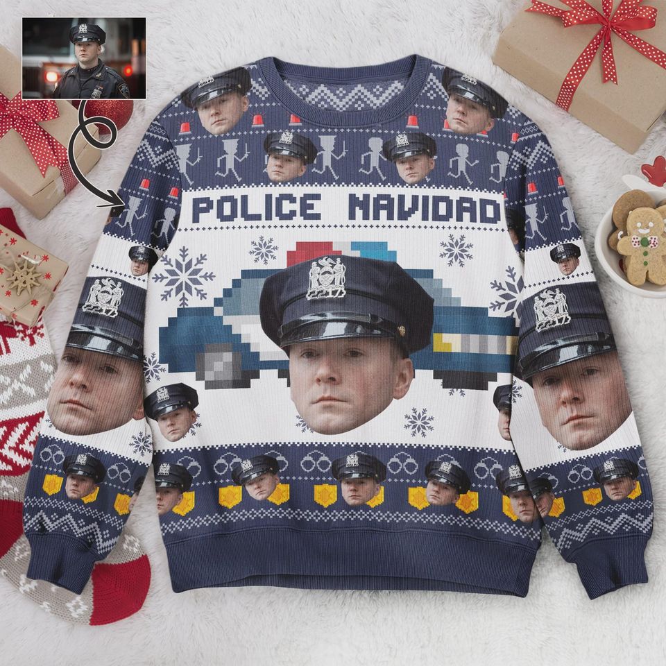 Custom Police Navidad Ugly Sweater, Christmas Photo Ugly Sweater, Christmas Shirt 2025, Custom Christmas Sweater