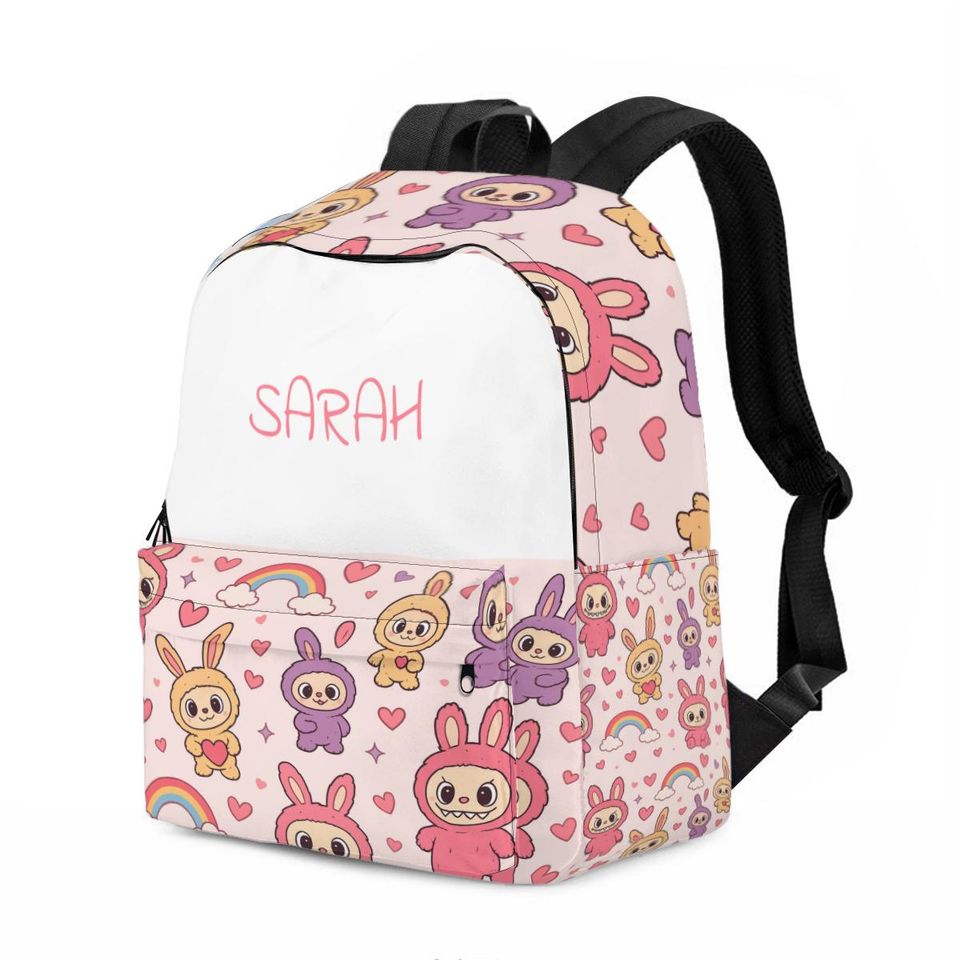 Personalised Labubu Backpack - Rainbow Hearts Pastel School Bag for Teens & Kids