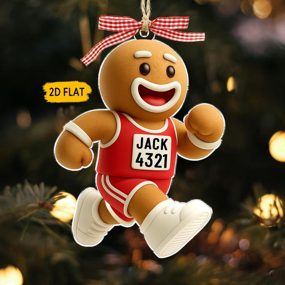 Funny Marathon Runner Christmas Ornament: Gingerbread Man Ornament with Custom Race Bib, Boy Half Marathon, Running Keepsake