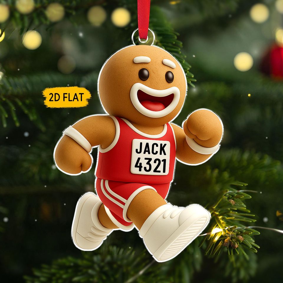 Funny Marathon Runner Christmas Ornament: Gingerbread Man Ornament with Custom Race Bib, Boy Half Marathon, Running Keepsake