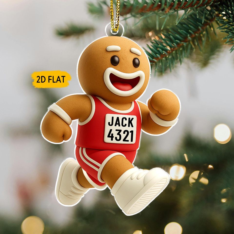 Funny Marathon Runner Christmas Ornament: Gingerbread Man Ornament with Custom Race Bib, Boy Half Marathon, Running Keepsake