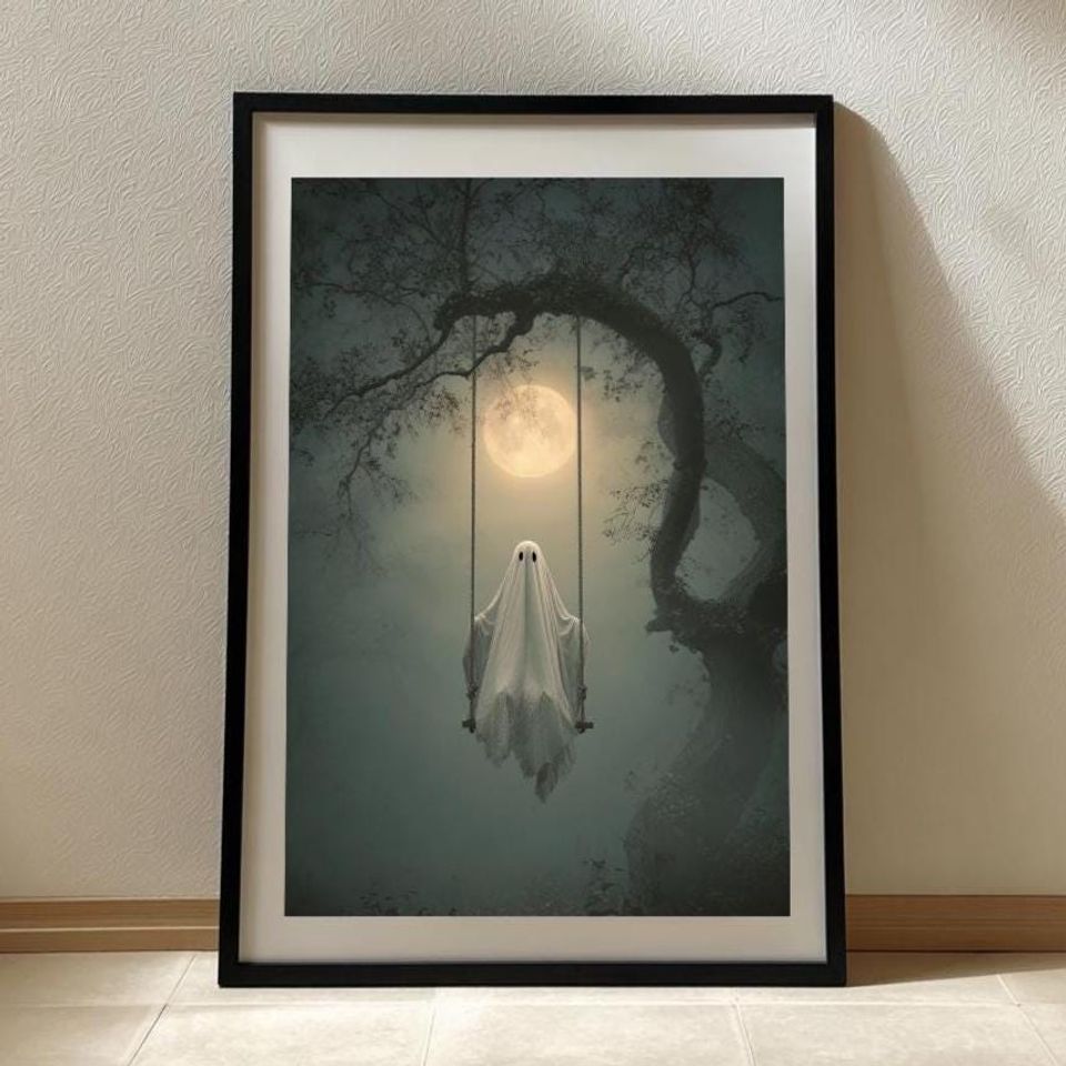 Ghost on a Swing Wall Art  Rustic Halloween Poster, Spooky Fall Decor