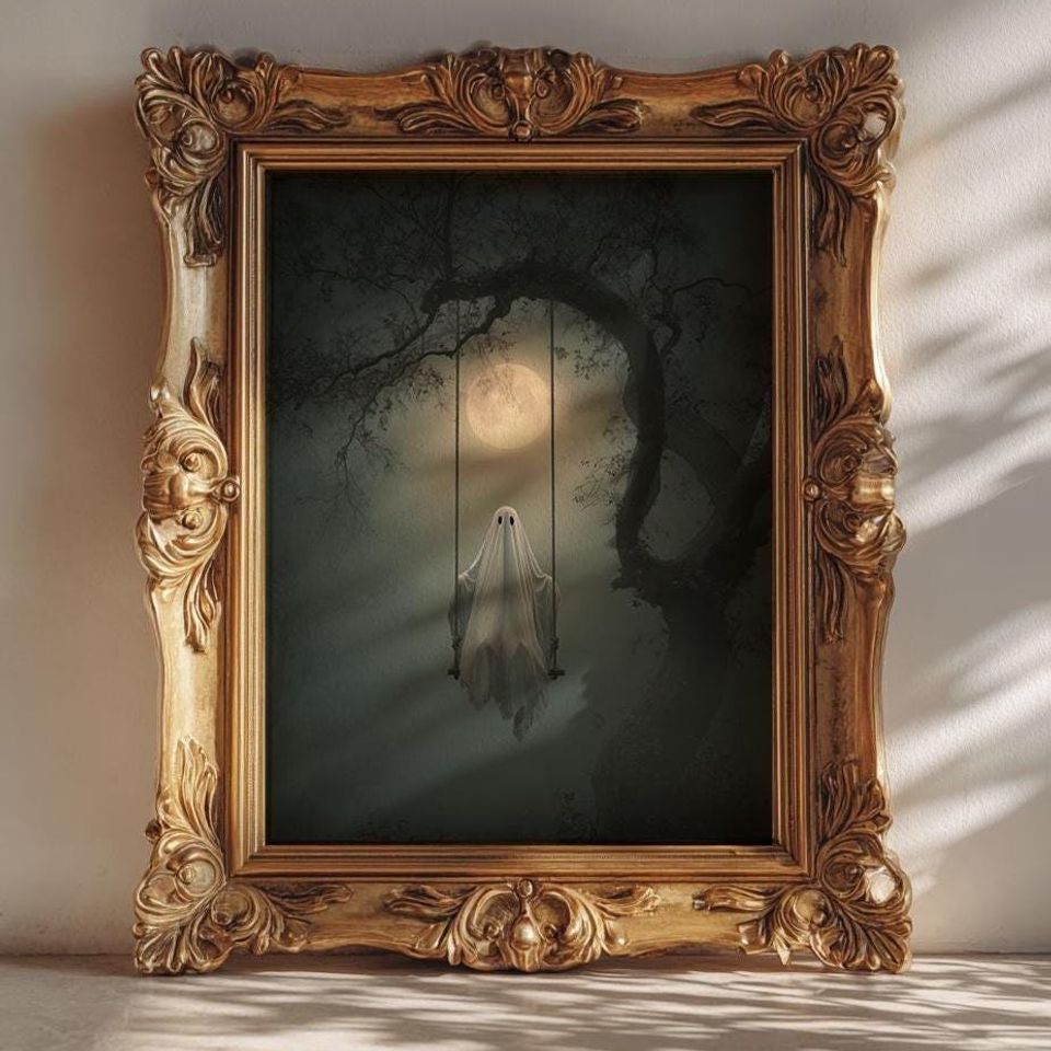 Ghost on a Swing Wall Art  Rustic Halloween Poster, Spooky Fall Decor