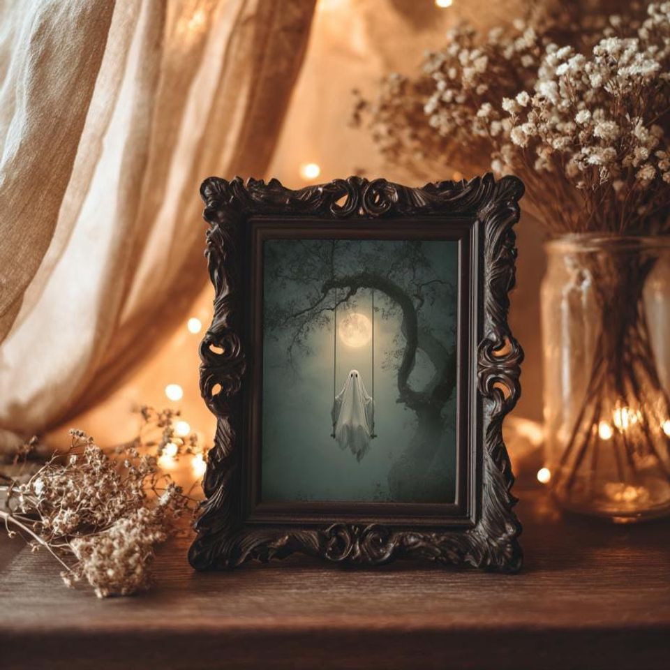 Ghost on a Swing Wall Art  Rustic Halloween Poster, Spooky Fall Decor