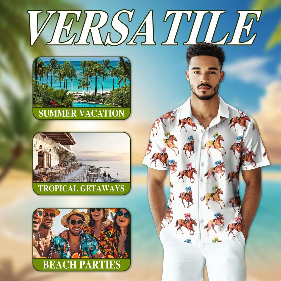 Racehorses Hawaiian Shirt, Horse Racing Aloha Shirt, Equestrian Button Down Summer Shirt Unisex S5XL