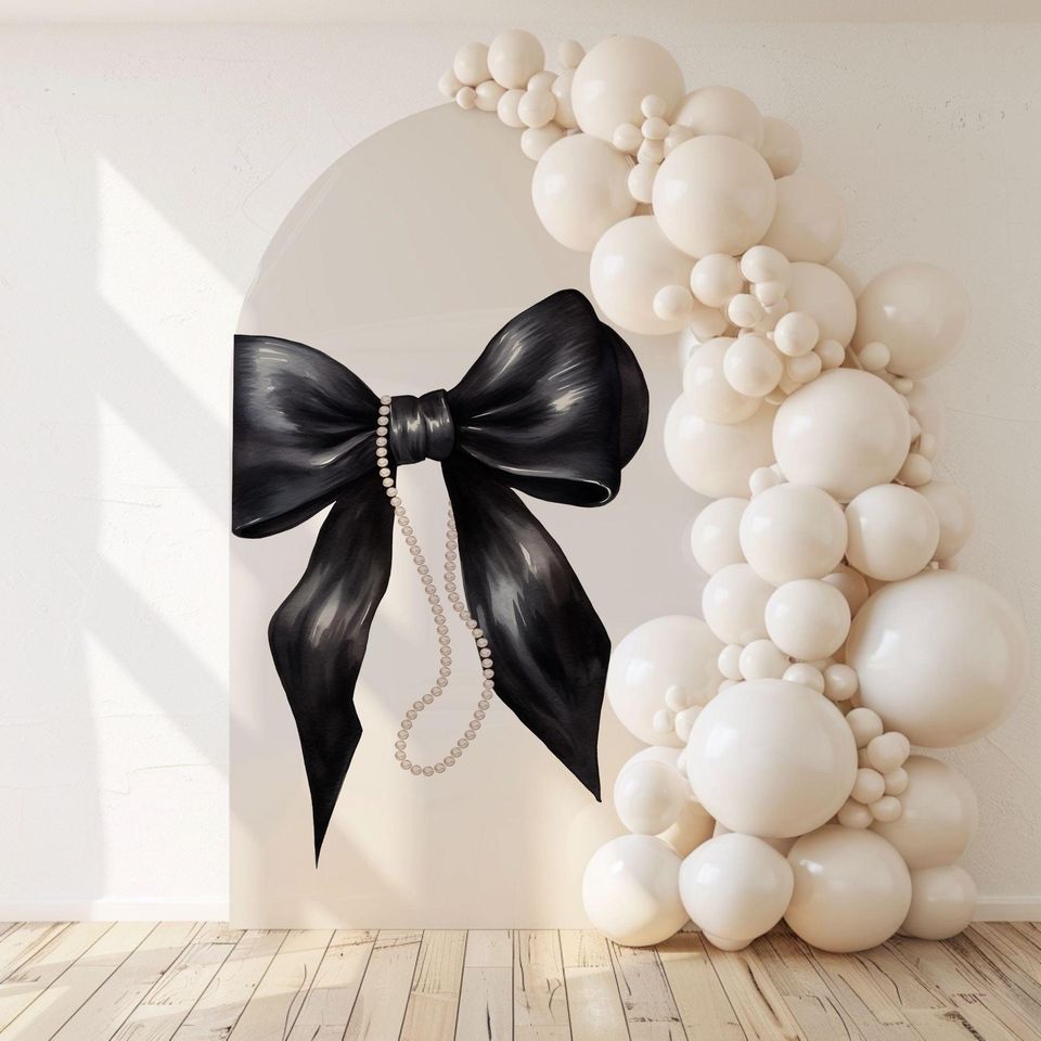 Black Bow & Pearls Arch Backdrop: Bridal Shower Photo Prop