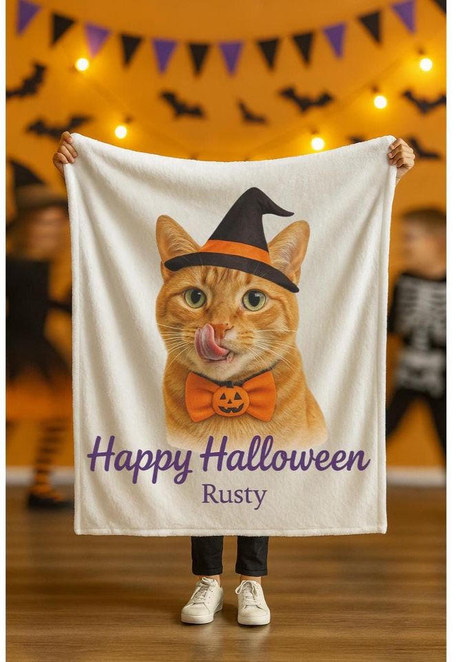 Custom Halloween Pet Portrait Blanket: Personalized Fleece Throw