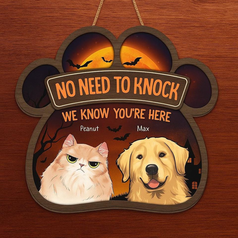 Personalized Halloween Pet Sign, No Need To Knock Door Sign, Custom Dog Cat Name Gift, Funny Paw Shaped Wooden Halloween Decor