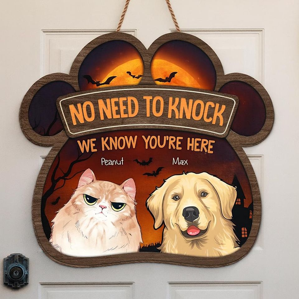 Personalized Halloween Pet Sign, No Need To Knock Door Sign, Custom Dog Cat Name Gift, Funny Paw Shaped Wooden Halloween Decor