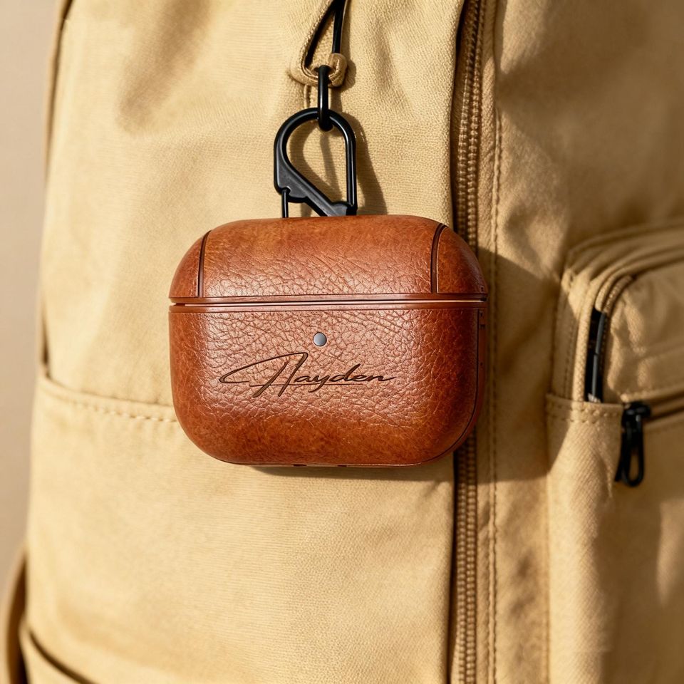 Personalized Leather AirPods Case with Hook: Engraved Monogram