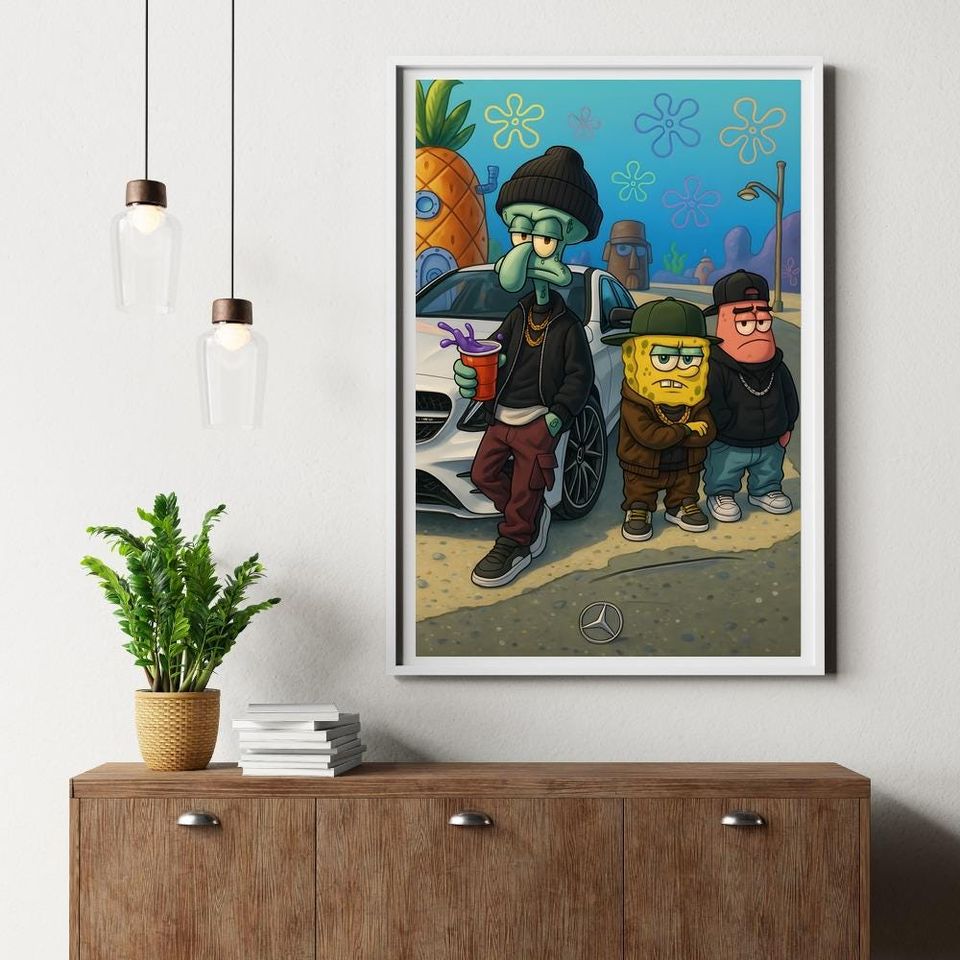 Streetwear SpongeBob Poster Wall Art with Squidward and Patrick, Bikini Bottom Urban Cartoon